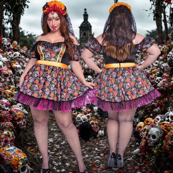 Sugar Skull Costume Women Plus Size 1x 2x 3x 4x Dia da Muertos Day of The Dead - Picture 1 of 12